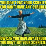 Thank God Roger Waters isn't German | IF YOU DON'T EAT YOUR SCHNITZEL YOU CAN'T HAVE ANY STRUDEL; HOW CAN YOU HAVE ANY STRUDEL IF YOU DON'T EAT YOUR SCHNITZEL? | image tagged in the sound of music,the wall | made w/ Imgflip meme maker