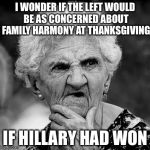 Wondering Old Lady | I WONDER IF THE LEFT WOULD BE AS CONCERNED ABOUT FAMILY HARMONY AT THANKSGIVING; IF HILLARY HAD WON | image tagged in wondering old lady | made w/ Imgflip meme maker