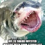 sharkmouth | OFF TO SHARK INFESTED WATERS WITH YOUR STUPID ASS | image tagged in sharkmouth | made w/ Imgflip meme maker