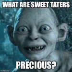 gollum smile | WHAT ARE SWEET TATERS; PRECIOUS? | image tagged in gollum smile | made w/ Imgflip meme maker