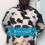 If you're going to do cow puns - don't milk it :) | YOU SHOULD SEE THE UDDER GUY... | image tagged in criminal bovine,memes,cows,animals,crime | made w/ Imgflip meme maker