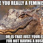 Instagator Alligator  | ARE YOU REALLY A FEMINIST... OR IS THAT JUST YOUR EXCUSE FOR NOT HAVING A HUSBAND? | image tagged in instagator alligator | made w/ Imgflip meme maker