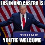 Donald Trump | 3 WEEKS IN AND CASTRO IS DEAD; YOU'RE WELCOME | image tagged in donald trump | made w/ Imgflip meme maker