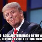 Donald Trump | LIKE - ADDS ANOTHER BRICK TO THE WALL SHARE - DEPORTS A VIOLENT ILLEGAL IMMIGRANT | image tagged in donald trump | made w/ Imgflip meme maker