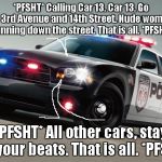 Sometimes, you've GOTTA be sure... | *PFSHT* Calling Car 13. Car 13. Go to 3rd Avenue and 14th Street. Nude woman running down the street. That is all. *PFSHT* *PFSHT* All other | image tagged in police car,memes,radios | made w/ Imgflip meme maker