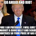 Trump Wins | GO AHEAD AND RIOT; BEFORE I AM PRESIDENT, I WILL GIVE THE STOCK MARKET A GOOD RALLY AND SCARE ALL THE MUSLIM COUNTRIES SO YOUR PRICE OF GAS GOES DOWN | image tagged in trump wins | made w/ Imgflip meme maker