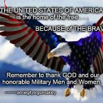 BECAUSE of THE BRAVE | THE UNITED STATES OF AMERICA is the home of the free . . . BECAUSE of THE BRAVE. Remember to thank GOD and our honorable Military Men and Women. ~~~~~anniegityergunoakley | image tagged in memes,home of the free,because of the brave,usa | made w/ Imgflip meme maker