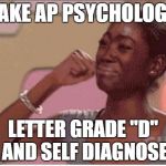 Sad Face | TAKE AP PSYCHOLOGY; LETTER GRADE "D" AND SELF DIAGNOSE | image tagged in sad face | made w/ Imgflip meme maker