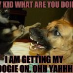 Dog dancing | HEY KID WHAT ARE YOU DOING. I AM GETTING MY BOOGIE ON. OHH YAHHHH | image tagged in dog dancing | made w/ Imgflip meme maker