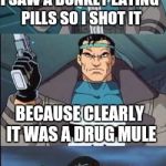 Bad Pun-isher | I SAW A DONKEY EATING PILLS SO I SHOT IT; BECAUSE CLEARLY IT WAS A DRUG MULE | image tagged in bad pun-isher,memes,marvel,marvel comics,punisher | made w/ Imgflip meme maker