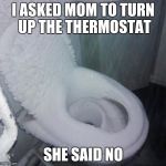 cold toilet | I ASKED MOM TO TURN UP THE THERMOSTAT; SHE SAID NO | image tagged in cold toilet | made w/ Imgflip meme maker