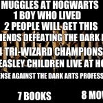 Harry Potter | 0 MUGGLES AT HOGWARTS; 1 BOY WHO LIVED; 2 PEOPLE WILL GET THIS; 3 FRIENDS DEFEATING THE DARK LORD; 4 TRI-WIZARD CHAMPIONS; 5 WEASLEY CHILDREN LIVE AT HOME; 6 DEFENSE AGAINST THE DARK ARTS PROFESSORS; 8 MOVIES; 7 BOOKS | image tagged in harry potter | made w/ Imgflip meme maker