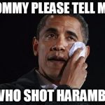 Crying Obama | MOMMY PLEASE TELL ME; WHO SHOT HARAMBE | image tagged in crying obama | made w/ Imgflip meme maker