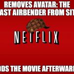 scumbag netflix | REMOVES AVATAR: THE LAST AIRBENDER FROM SITE; ADDS THE MOVIE AFTERWARDS | image tagged in scumbag netflix,scumbag | made w/ Imgflip meme maker