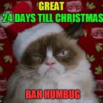 The 24 Memes Till Christmas Event (I shall be doing one Christmas meme a day till Christmas :)  | 24 DAYS TILL CHRISTMAS; GREAT; BAH HUMBUG | image tagged in grumpy cat christmas,funny memes,grumpy cat,bah humbug,funny,christmas memes | made w/ Imgflip meme maker