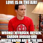 Sheldon Cooper | LOVE IS IN THE AIR! WRONG!  NITROGEN, OXYGEN, CARDON DIOXIDE AND WATER VAPOR ARE IN THE AIR. | image tagged in sheldon cooper | made w/ Imgflip meme maker
