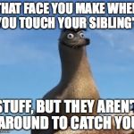 gerald finding dory | THAT FACE YOU MAKE WHEN YOU TOUCH YOUR SIBLING'S; STUFF, BUT THEY AREN'T AROUND TO CATCH YOU | image tagged in gerald finding dory | made w/ Imgflip meme maker