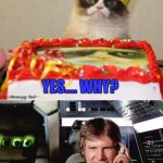 Here is an idea I got from a template Dashhopes made :) | HEY GRUMPY CAT, IS TODAY YOUR BIRTHDAY? YES.... WHY? BECAUSE I HAVE YOUR PRESENTS WITH ME, AND I AM FLYING AWAY WITH THEM; YA-HOO!!!! | image tagged in bad pun han solo,dashhopes,grumpycat,star wars,han solo | made w/ Imgflip meme maker