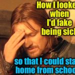 Frustrated Boromir | How I looked when I'd fake being sick; so that I could stay home from school | image tagged in frustrated boromir,memes,evilmandoevil,funny | made w/ Imgflip meme maker