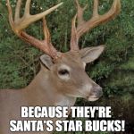 So *that's* how Santa stays awake all night to deliver presents... | WHY DO DASHER AND DANCER TAKE SO MANY COFFEE BREAKS? BECAUSE THEY'RE SANTA'S STAR BUCKS! | image tagged in reindeer,santa,coffee,starbucks | made w/ Imgflip meme maker