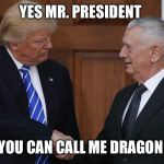 Trump meets Mattis | YES MR. PRESIDENT; YOU CAN CALL ME DRAGON | image tagged in trump meets mattis | made w/ Imgflip meme maker