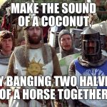 Monty Python Knights | MAKE THE SOUND OF A COCONUT, BY BANGING TWO HALVES OF A HORSE TOGETHER. | image tagged in monty python knights,funny meme | made w/ Imgflip meme maker