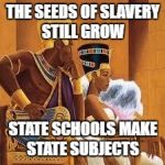KingsQueen | THE SEEDS OF SLAVERY STILL GROW; STATE SCHOOLS MAKE STATE SUBJECTS | image tagged in kingsqueen | made w/ Imgflip meme maker