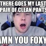 Dantdm | THERE GOES MY LAST PAIR OF CLEAN PANTS; DAMN YOU FOXY!!! | image tagged in dantdm | made w/ Imgflip meme maker