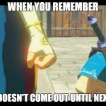 Zelda Fist | WHEN YOU REMEMBER; ZELDA DOESN'T COME OUT UNTIL NEXT YEAR | image tagged in zelda fist | made w/ Imgflip meme maker