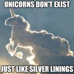 Unicorn cloud | UNICORNS DON'T EXIST; JUST LIKE SILVER LININGS | image tagged in unicorn cloud | made w/ Imgflip meme maker