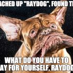 RAYDOG EXPOSED!! | SEACHED UP "RAYDOG", FOUND THIS; WHAT DO YOU HAVE TO SAY FOR YOURSELF, RAYDOG? | image tagged in raydog,exposed,dun dun dun,i have nothing better to do with my life | made w/ Imgflip meme maker