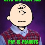 bad luck charlie brown | GETS  HIS  FIRST  JOB; PAY  IS  PEANUTS | image tagged in bad luck charlie brown,peanuts,job,pay | made w/ Imgflip meme maker