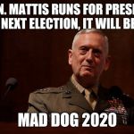 General Mattis  | IF GEN. MATTIS RUNS FOR PRESIDENT NEXT ELECTION, IT WILL BE; MAD DOG 2020 | image tagged in general mattis | made w/ Imgflip meme maker
