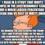 Sly Fry | I READ IN A STUDY THAT WHITE PEOPLE IN THE SOUTHERNMOST STATES HAVE A MUCH LARGER PERCENTAGE OF AFRICAN DNA VS REST OF WHITE AMERICA; NO WONDER THE SOUTH VOTED FOR TRUMP. THEY SAW CLINTONS NAME ON THE BALLET AND REMEMBERED THE MILLIONS OF BLACK PEOPLE IMPRISONED IN THE 90'S AND FORCED INTO PRISON WORK FORCES FOR SLAVE WAGES | image tagged in futurama fry reverse | made w/ Imgflip meme maker