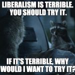 Liberalism tastes like mango chutney and burnt hair. I can't get the taste out of my mouth! | LIBERALISM IS TERRIBLE. YOU SHOULD TRY IT. IF IT'S TERRIBLE, WHY WOULD I WANT TO TRY IT? | image tagged in geico raccoons | made w/ Imgflip meme maker