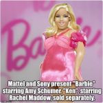 fat barbie | Mattel and Sony present "Barbie" starring Amy Schumer. "Ken", starring Rachel Maddow, sold separately. | image tagged in fat barbie | made w/ Imgflip meme maker