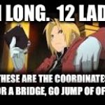 Full-metal alchemist- human body | 11 LONG. 
12 LAD. THESE ARE THE COORDINATES FOR A BRIDGE, GO JUMP OF OF IT. | image tagged in full-metal alchemist- human body | made w/ Imgflip meme maker