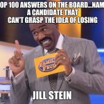 steve harvey family feud | TOP 100 ANSWERS ON THE BOARD...NAME A CANDIDATE THAT CAN'T GRASP THE IDEA OF LOSING; JILL STEIN | image tagged in steve harvey family feud | made w/ Imgflip meme maker