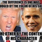 Truth for the last 8 years | THE DIFFERENCE IS ONE WAS JUDGED BY THE COLOR OF HIS SKIN; THE OTHER BY THE CONTENT OF HIS CHARACTER | image tagged in trump obama | made w/ Imgflip meme maker