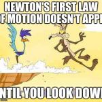 Wile E. Coyote roadrunner | NEWTON'S FIRST LAW OF MOTION DOESN'T APPLY; UNTIL YOU LOOK DOWN. | image tagged in wile e coyote roadrunner | made w/ Imgflip meme maker