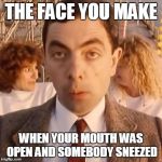 NOOOOOO! | THE FACE YOU MAKE; WHEN YOUR MOUTH WAS OPEN AND SOMEBODY SNEEZED | image tagged in mr bean,sneeze,sneezy,nervous | made w/ Imgflip meme maker
