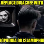 1984 HRC Hillary Clinton | REPLACE DISAGREE WITH; XENOPHOBIA OR ISLAMOPHOBIA | image tagged in 1984 hrc hillary clinton | made w/ Imgflip meme maker