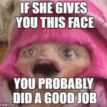 Extremely Informative Mem | IF SHE GIVES YOU THIS FACE; YOU PROBABLY DID A GOOD JOB | image tagged in shebliss,lazytown,lazy town,meme,blur | made w/ Imgflip meme maker