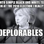 At a 'Fake News Conference' Defeated Hilary is asked: Who ya gonna blame? Who ya gonna hate? | TO PUT IT INTO SIMPLE BLACK AND WHITE TERMS WHEN I LOOK BACK AT THE 2016 ELECTION I REALLY HATE THE…; DEPLORABLES | image tagged in bw terms hillary,memes,election 2016 aftermath,deplorables,hillary clinton,donald trump approves | made w/ Imgflip meme maker