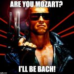 the terminator | ARE YOU MOZART? I'LL BE BACH! | image tagged in the terminator | made w/ Imgflip meme maker