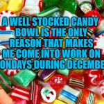 mondays | A WELL STOCKED CANDY BOWL IS THE ONLY REASON THAT MAKES ME COME INTO WORK ON MONDAYS DURING DECEMBER | image tagged in christmas candy diffuser blend,monday,funny memes,work,holidays | made w/ Imgflip meme maker