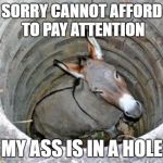 ass hole | SORRY CANNOT AFFORD TO PAY ATTENTION; MY ASS IS IN A HOLE | image tagged in ass hole | made w/ Imgflip meme maker