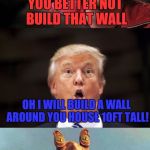 Jar Jar Trump vs TJ Miller | YOU BETTER NOT BUILD THAT WALL; OH I WILL BUILD A WALL AROUND YOU HOUSE 10FT TALL! UH-OH!! HOW WUDE! | image tagged in jar jar trump vs tj miller,jar jar,the wall,how wude | made w/ Imgflip meme maker