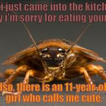 that 11-year-old is me. | hi, i just came into the kitchen to say i'm sorry for eating your food. also, there is an 11-year-old girl who calls me cute. | image tagged in cockroach | made w/ Imgflip meme maker