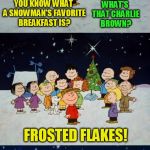 The 13 Christmas Memes Till Christmas Event  | WHAT'S THAT CHARLIE BROWN? YOU KNOW WHAT A SNOWMAN'S FAVORITE BREAKFAST IS? FROSTED FLAKES! | image tagged in a charlie brown christmas pun,christmas memes,charlie brown christmas,funny memes,jokes,snow flakes | made w/ Imgflip meme maker